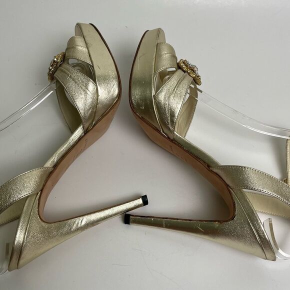Brian Atwood Crystal Embellished High Heels Metallic Gold Ankle Strap Italy 38 8 - Picture 8 of 12